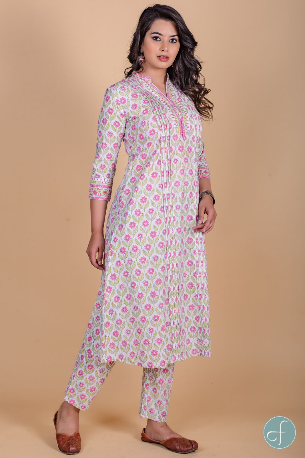 Carnation Pink Block Printed A Line Kurta  