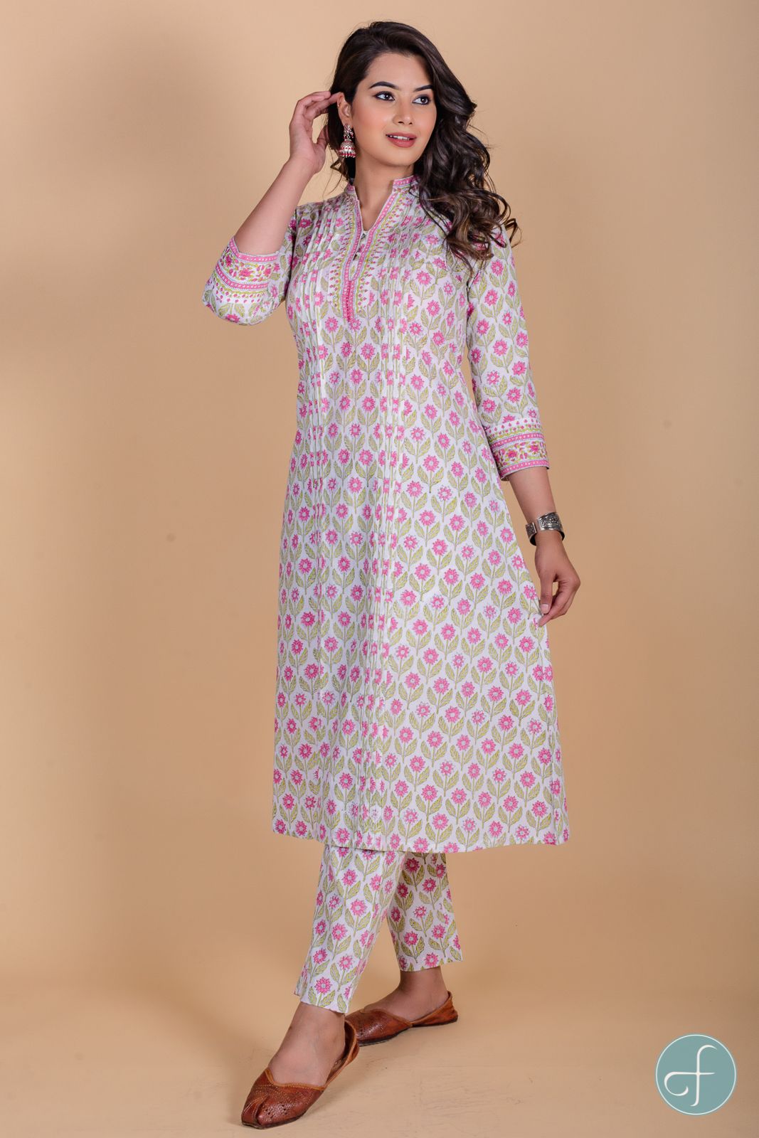 Carnation Pink Block Printed A Line Kurta  