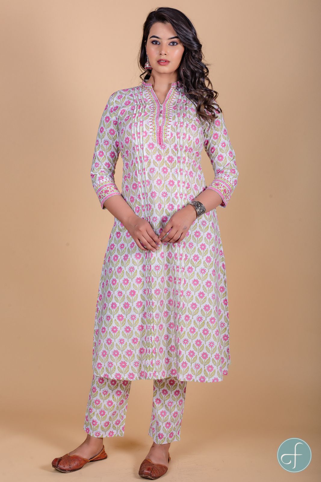 Carnation Pink Block Printed A Line Kurta  