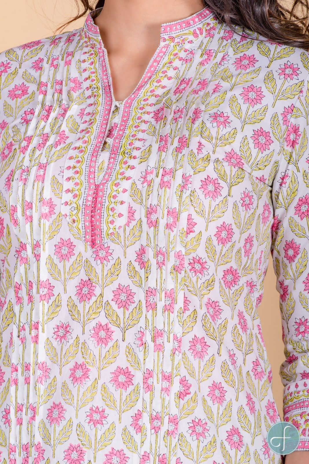 Carnation Pink Block Printed A Line Kurta  