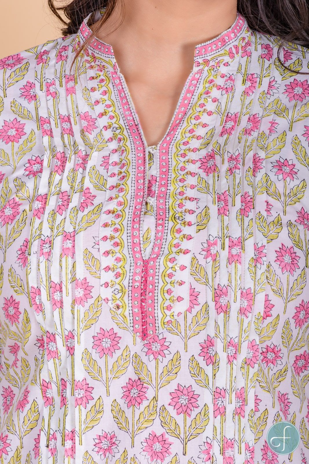 Carnation Pink Block Printed A Line Kurta  