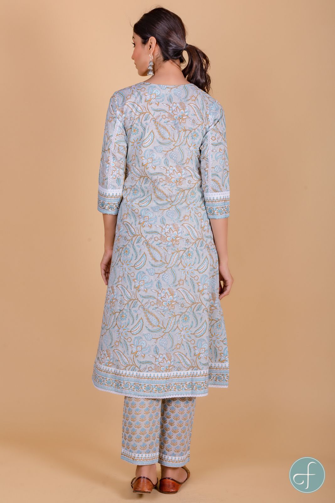 Illusion Grey Block Printed A Line Kurta Set