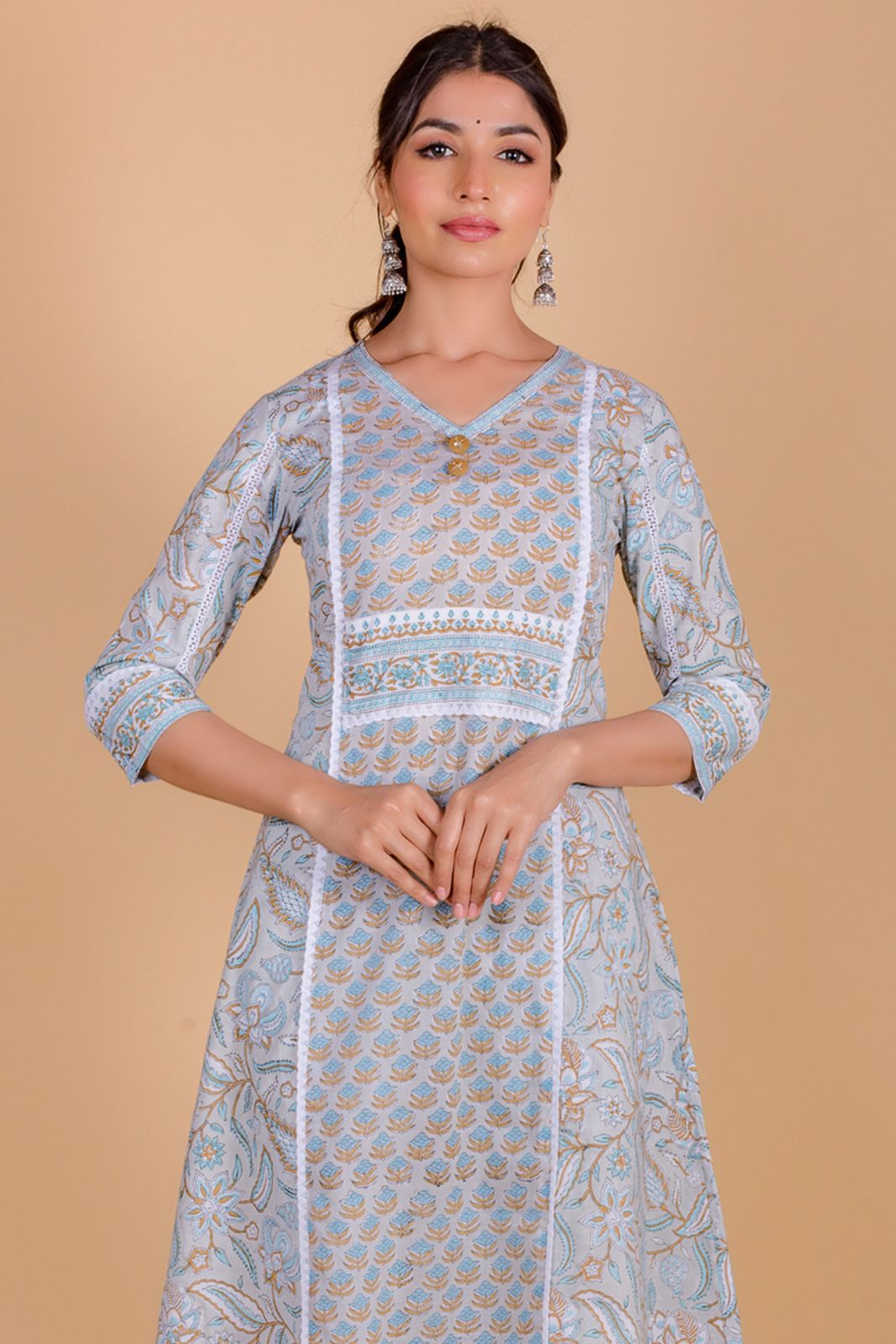 Illusion Grey Block Printed A Line Kurta Set