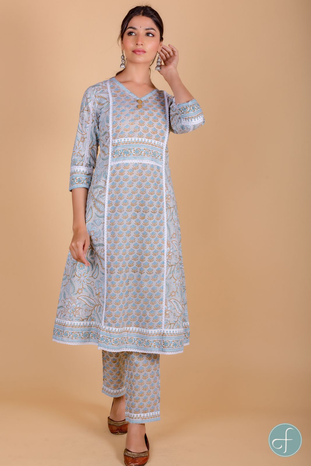 Illusion Grey Block Printed A Line Kurta Set