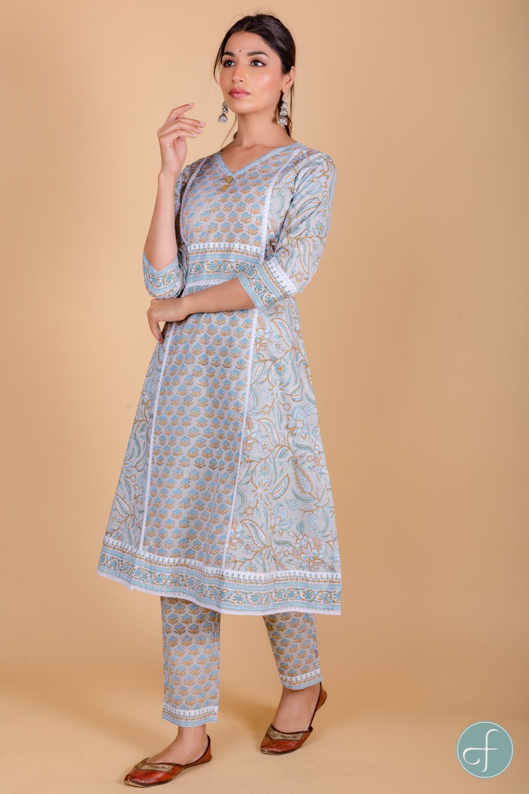 Illusion Grey Block Printed A Line Kurta Set