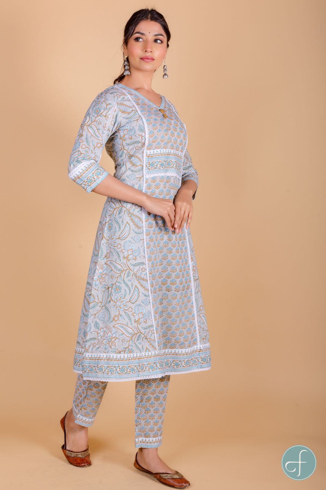 Illusion Grey Block Printed A Line Kurta Set