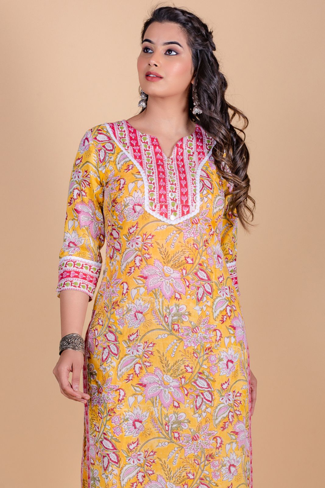 Yellow Floral Block Printed Kurta