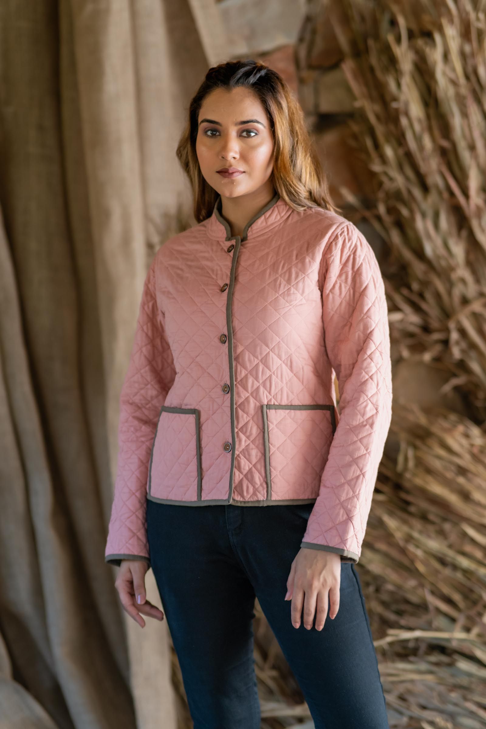 Pink Brown Reversible Quilted Women Jacket