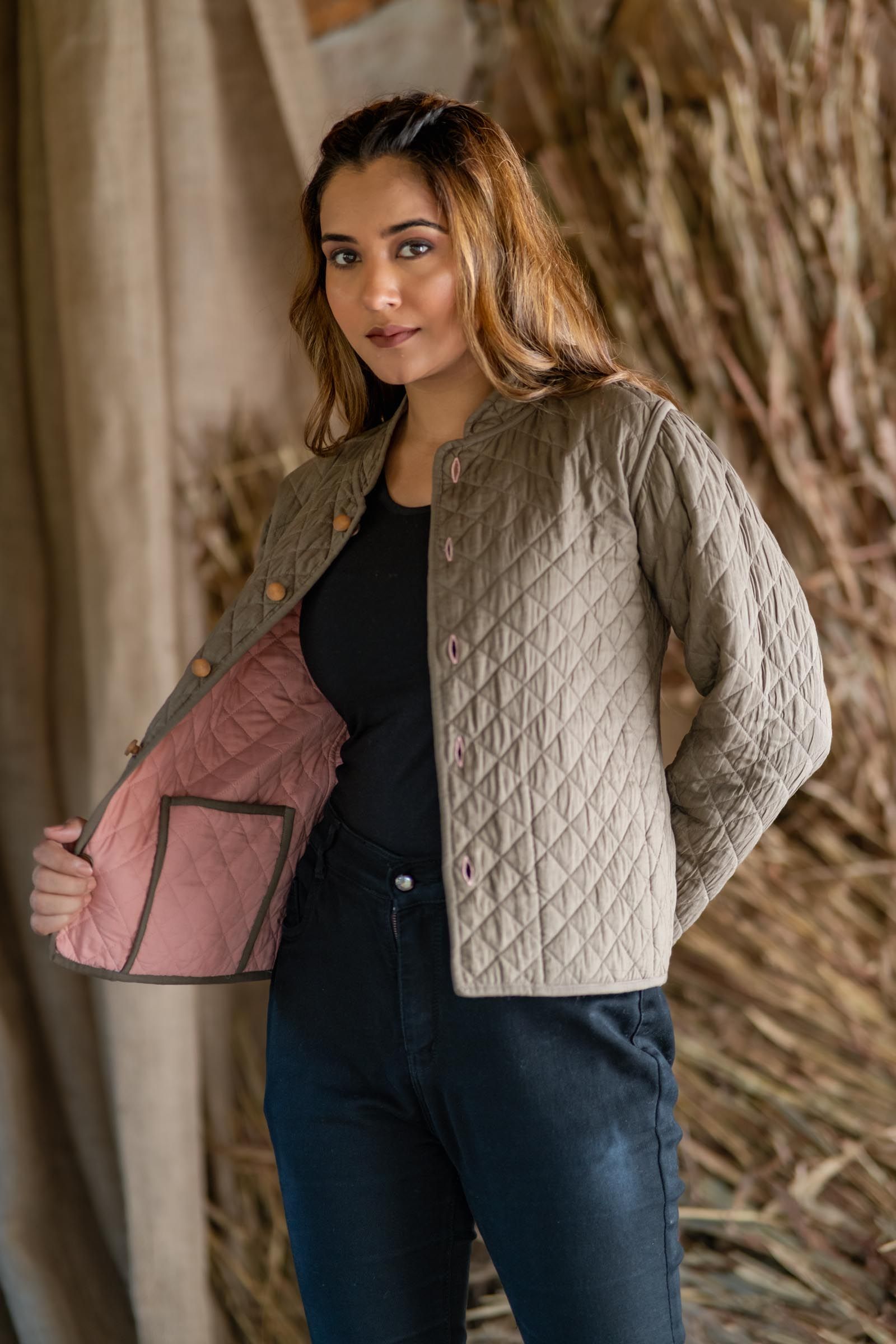 Pink Brown Reversible Quilted Women Jacket