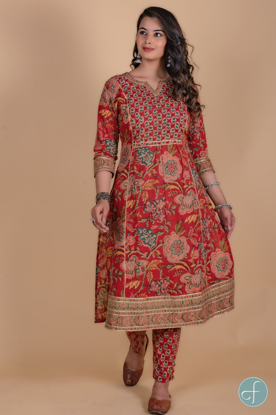 Carmine Red Floral Block Printed Kurta 