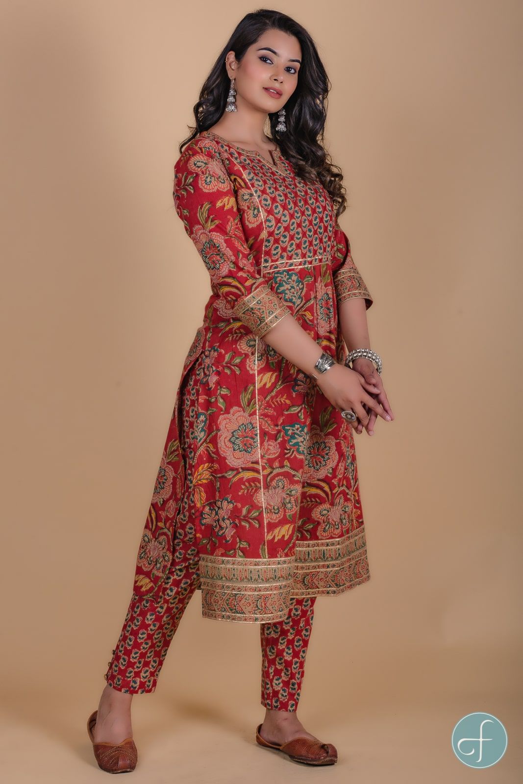 Carmine Red Floral Block Printed Kurta 