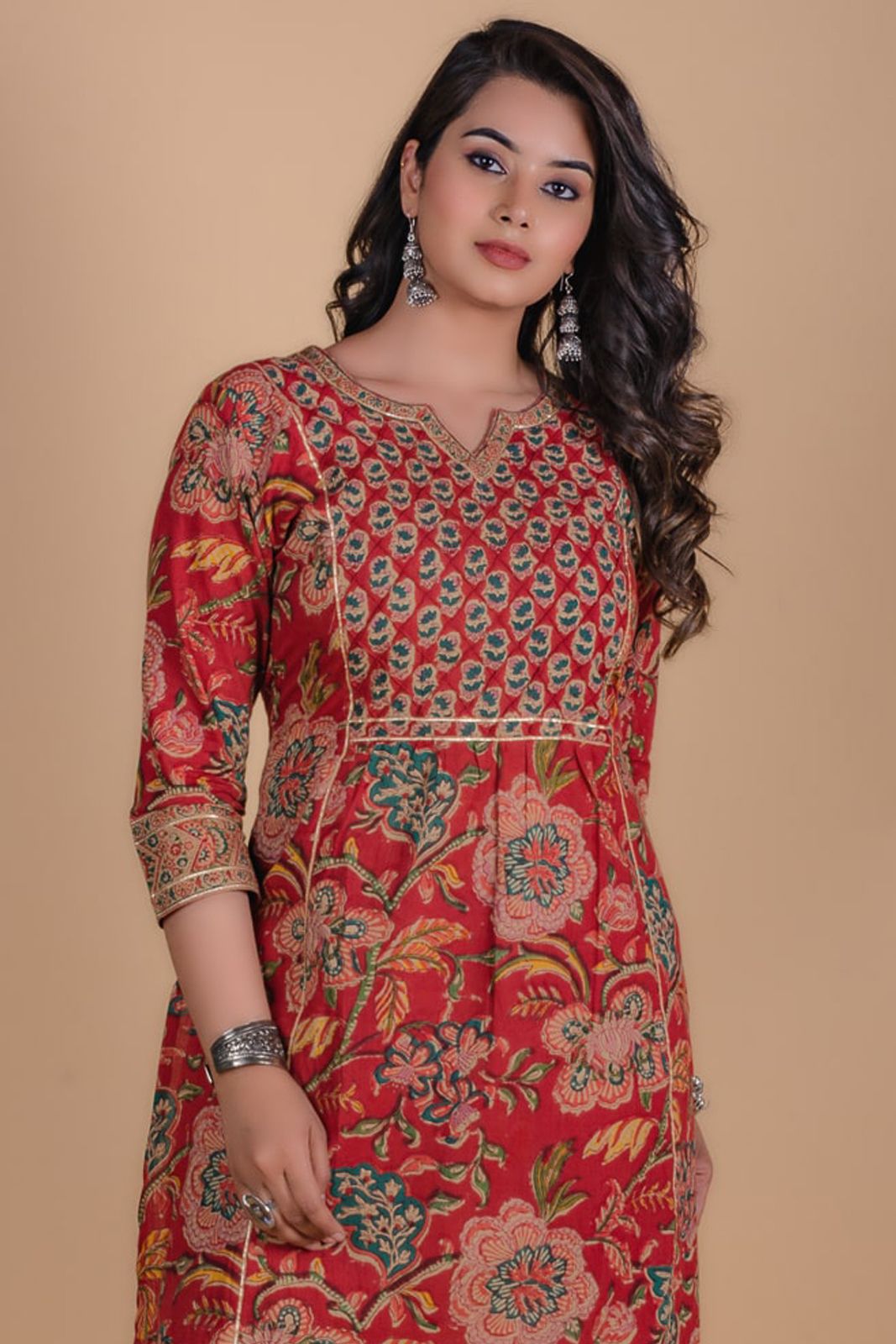 Carmine Red Floral Block Printed Kurta 