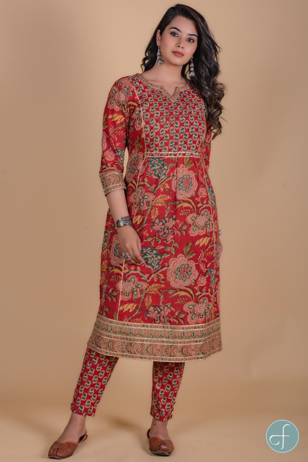 Carmine Red Floral Block Printed Kurta 