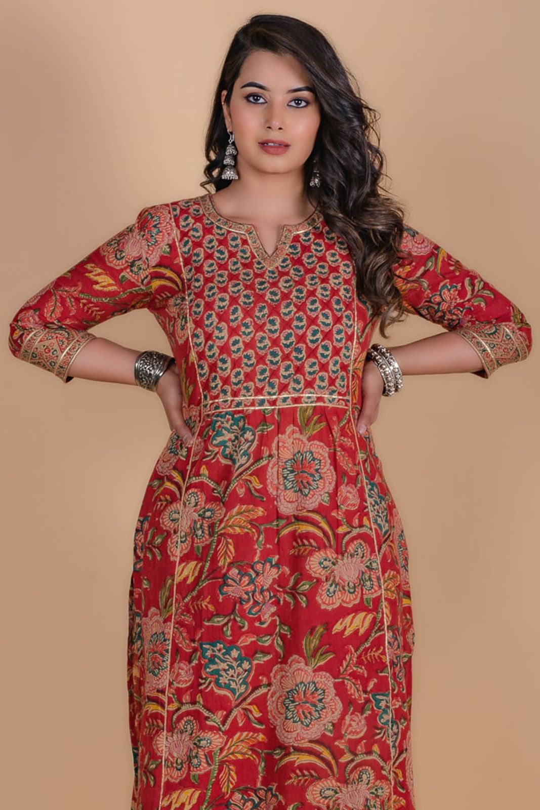 Carmine Red Floral Block Printed Kurta 