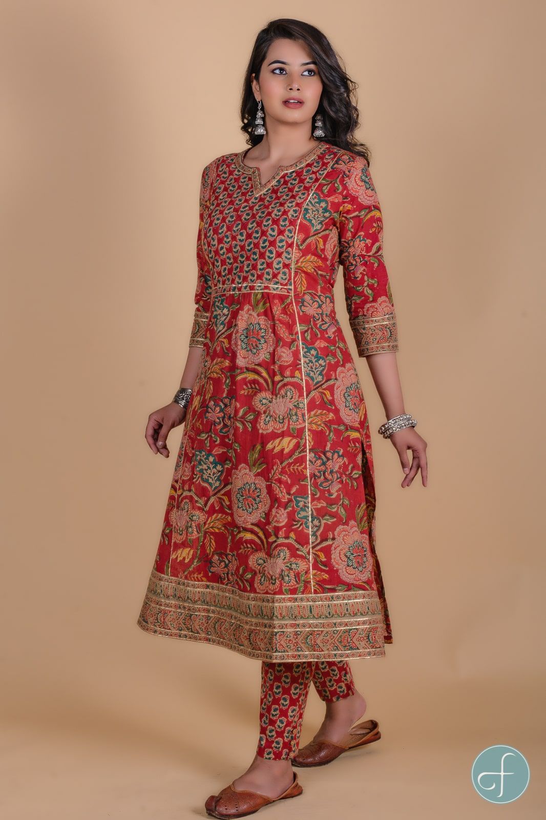 Carmine Red Floral Block Printed Kurta 