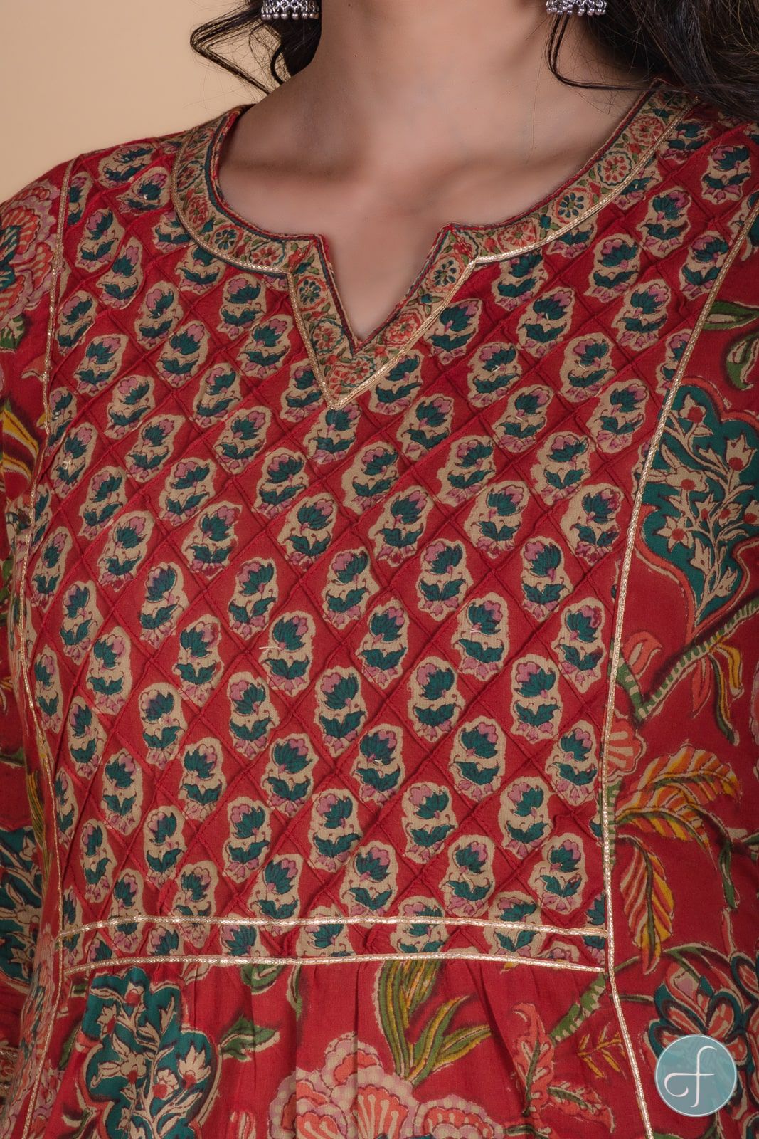 Carmine Red Floral Block Printed Kurta 