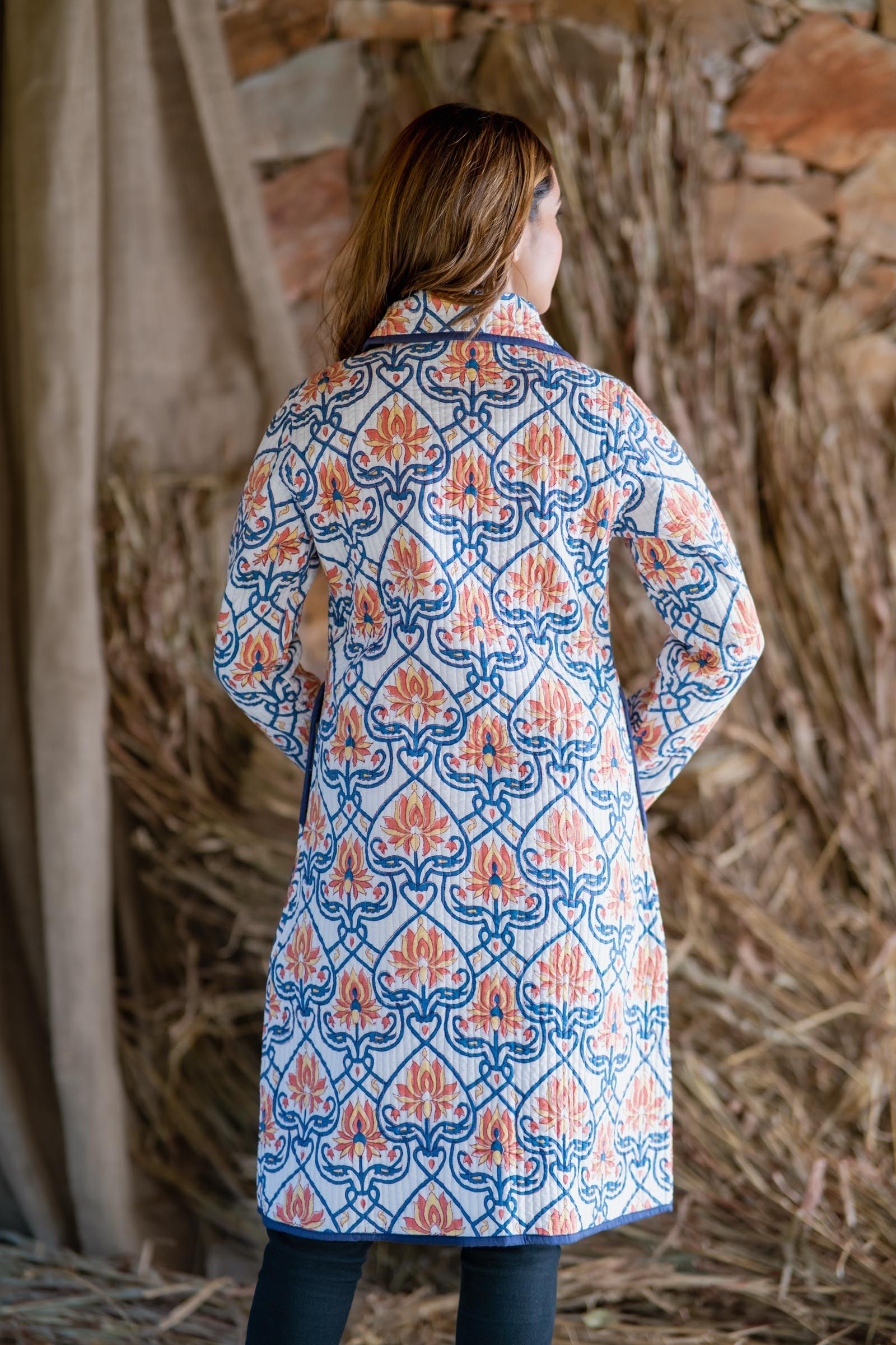 Blue Block Printed Quilted Bukhara Jacket