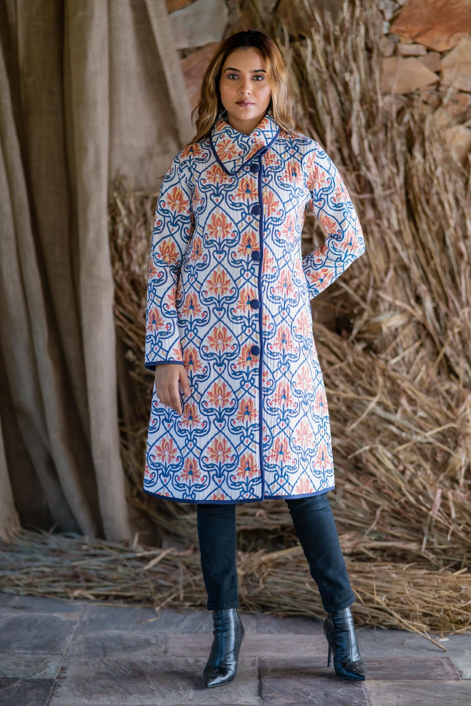 Blue Block Printed Quilted Bukhara Jacket