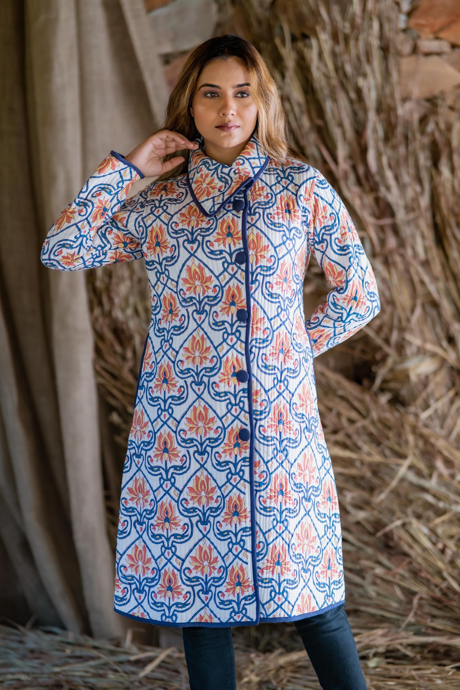 Blue Block Printed Quilted Bukhara Jacket