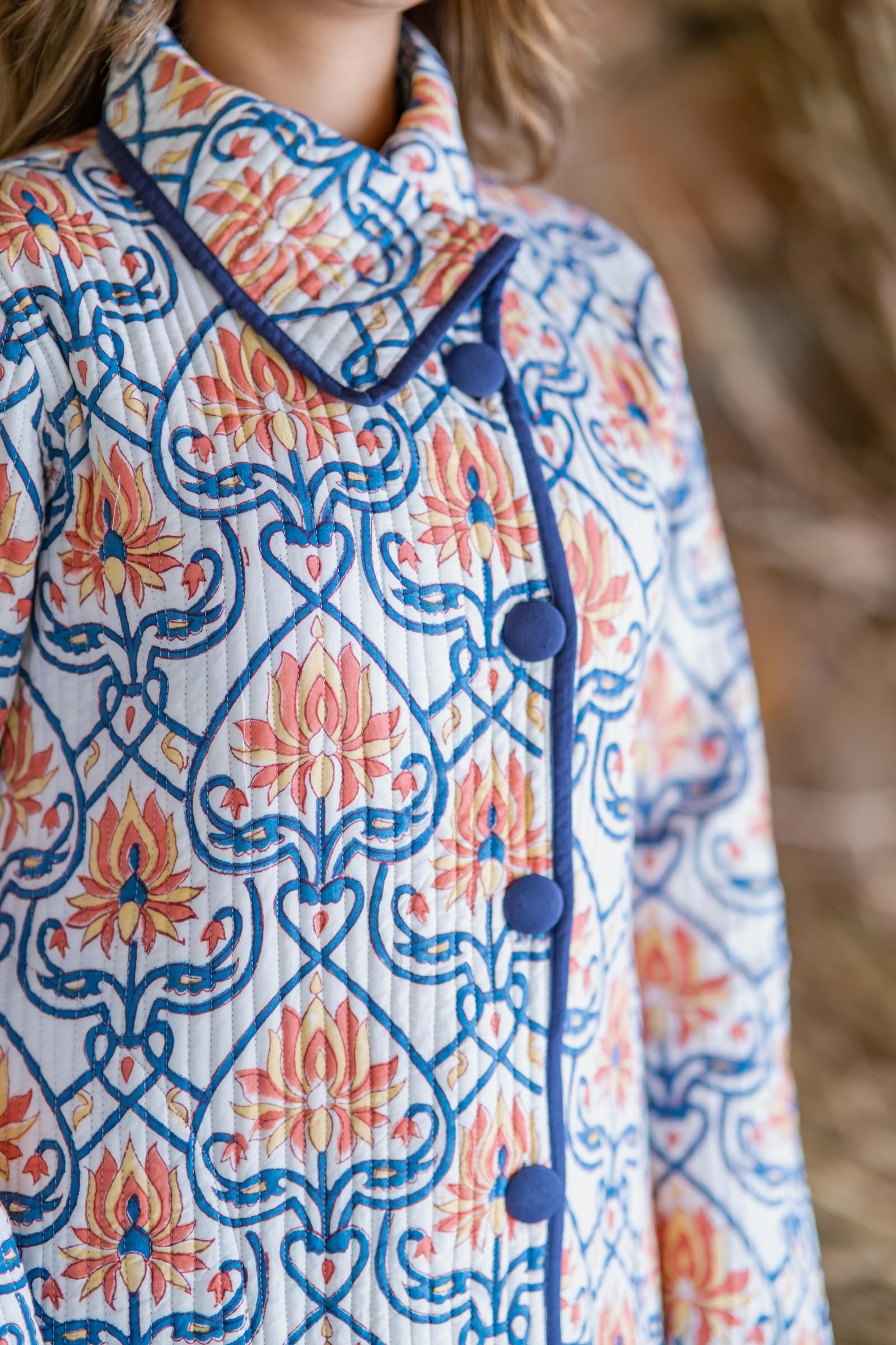 Blue Block Printed Quilted Bukhara Jacket