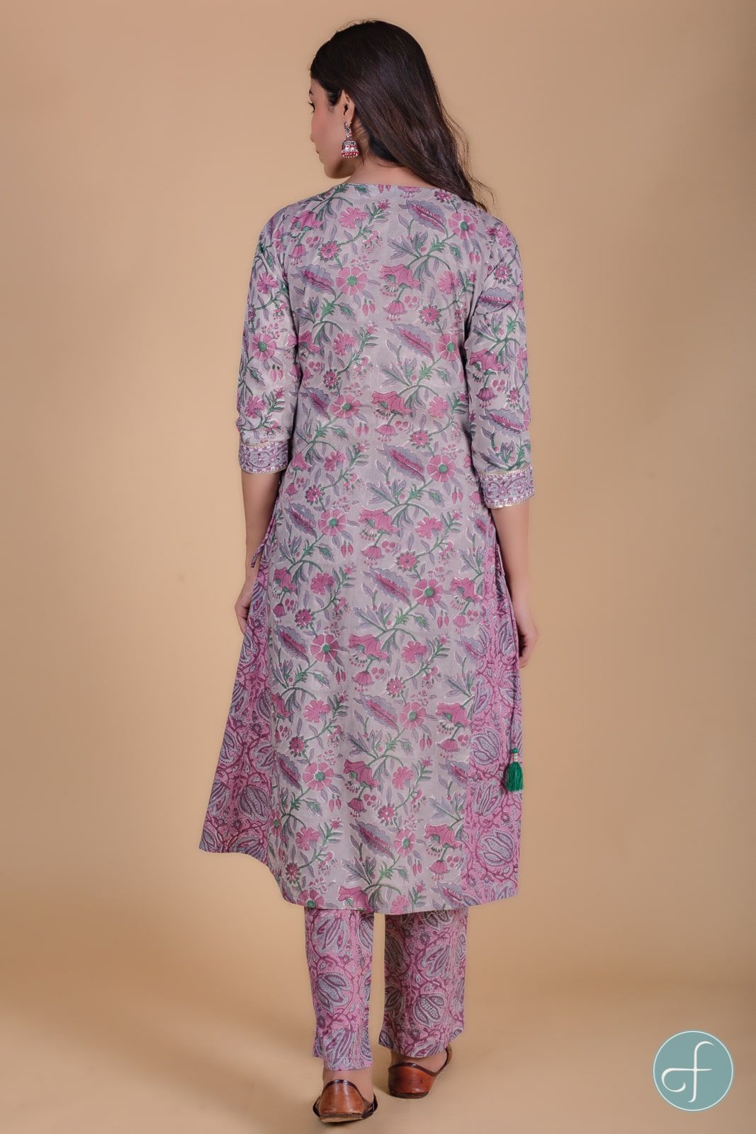 Lavender Floral Block Printed A Line Kurta 