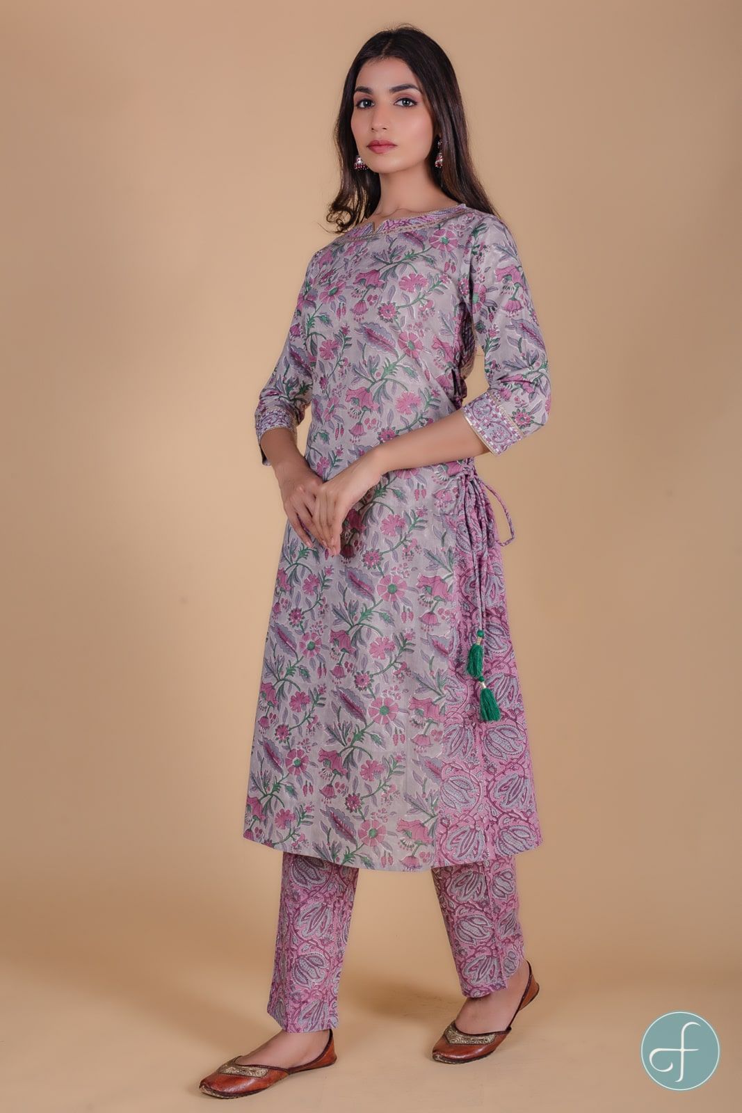 Lavender Floral Block Printed A Line Kurta 