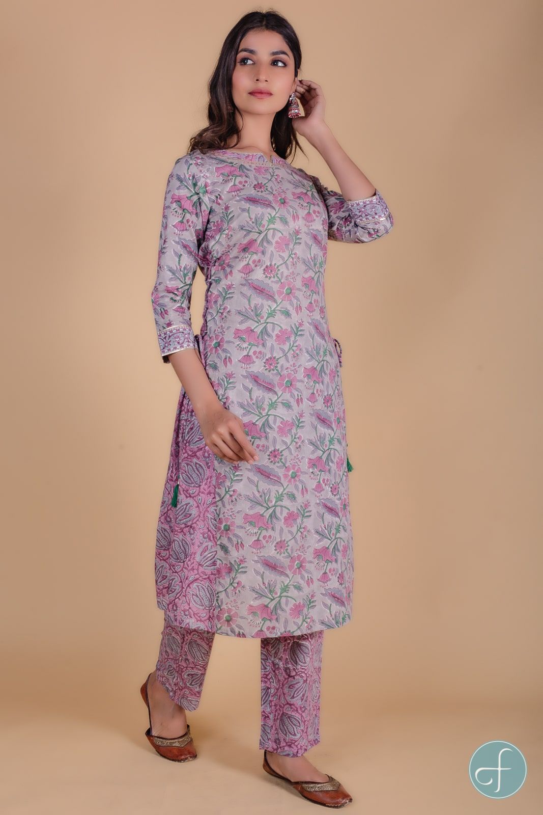 Lavender Floral Block Printed A Line Kurta 