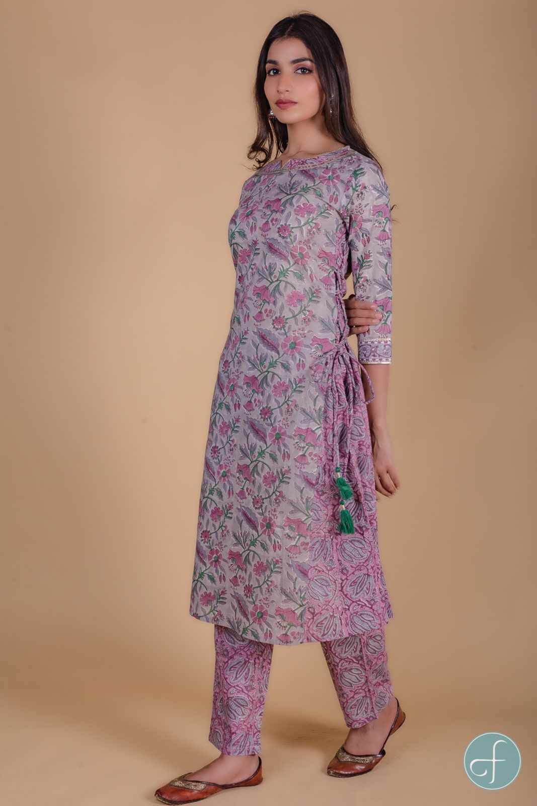 Lavender Floral Block Printed A Line Kurta 