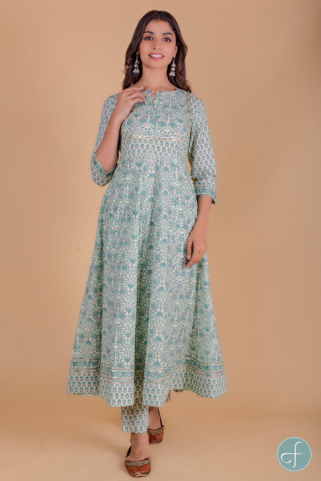 Mint Green Block Printed Anarkali Kurta 