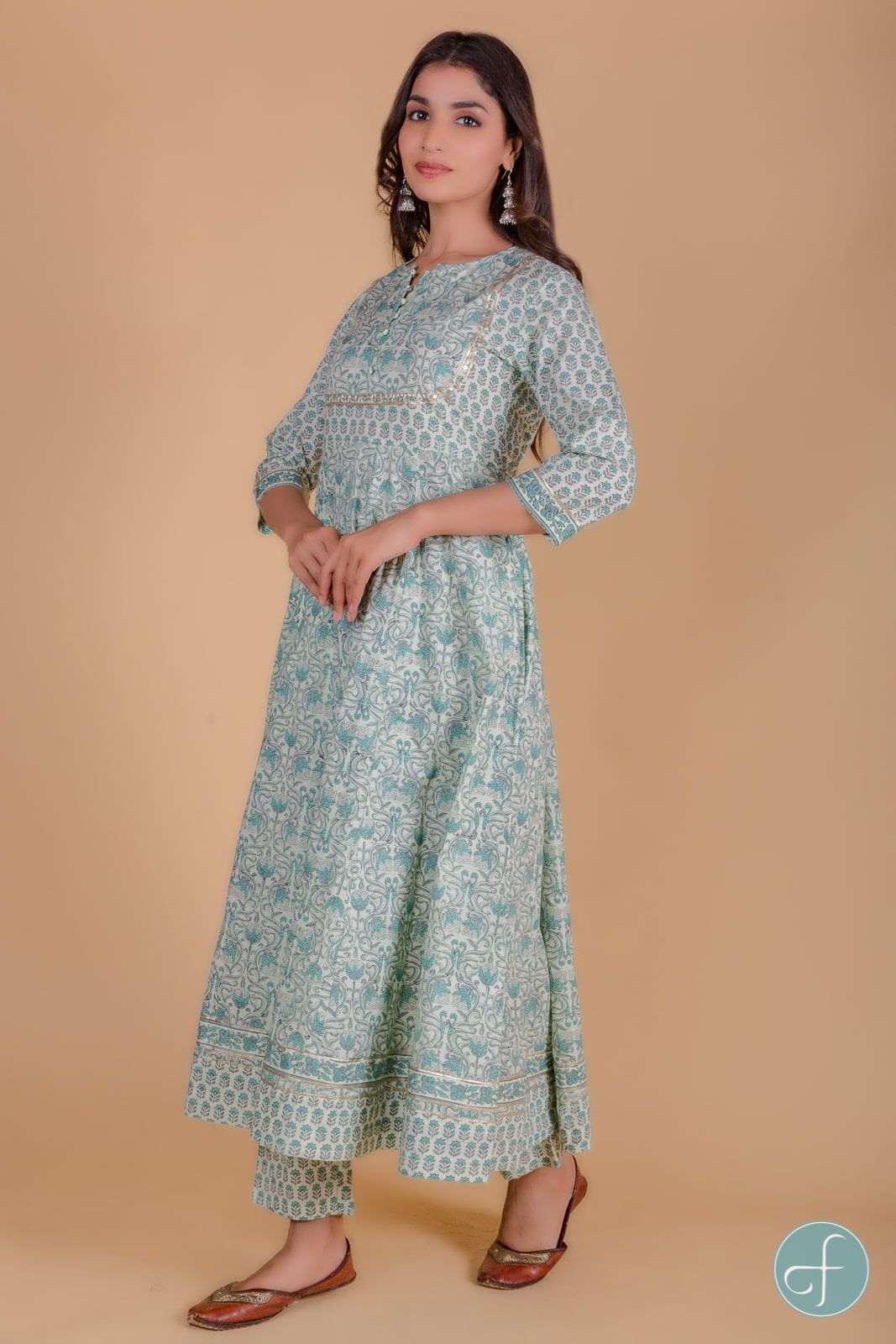 Mint Green Block Printed Anarkali Kurta 