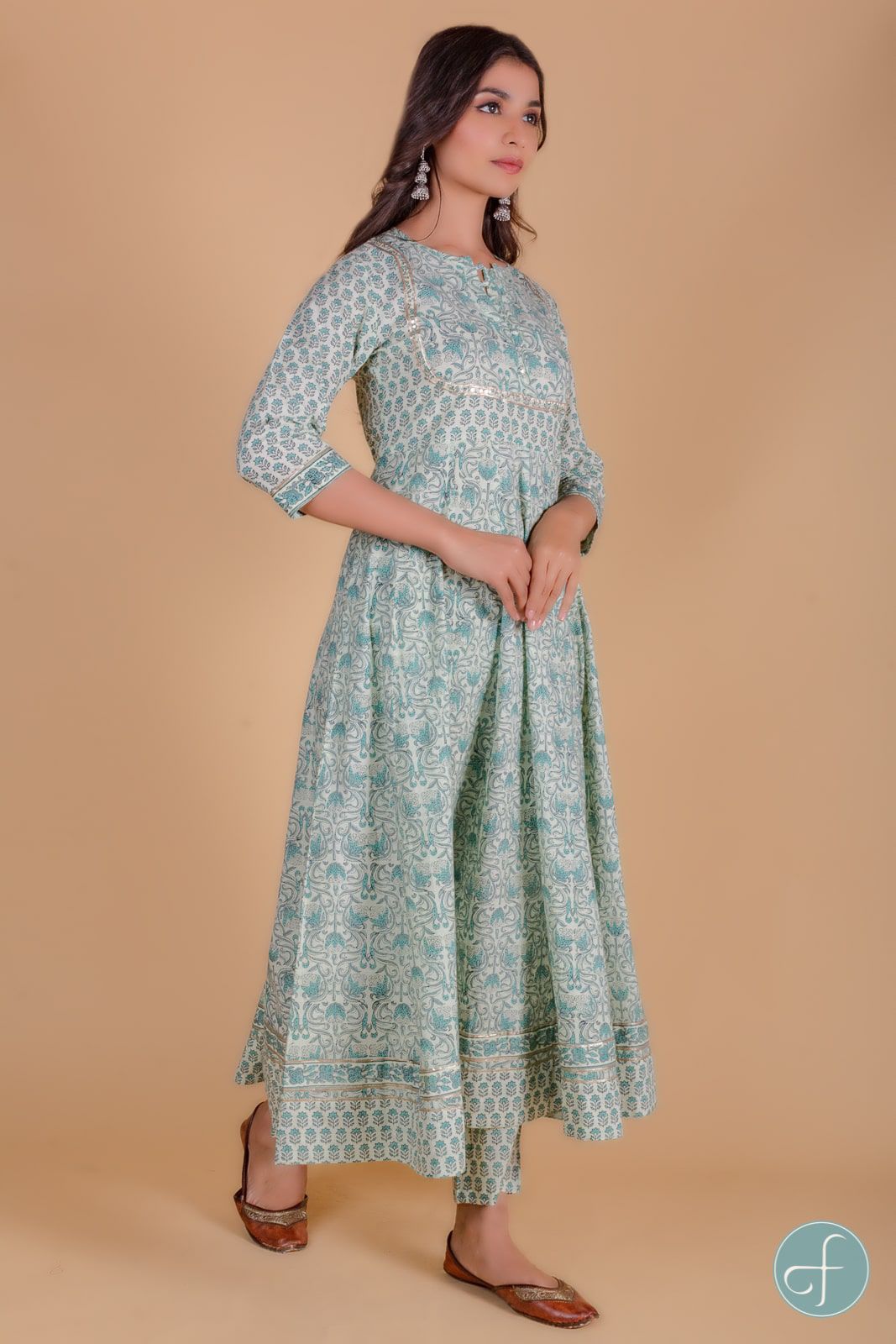 Mint Green Block Printed Anarkali Kurta 