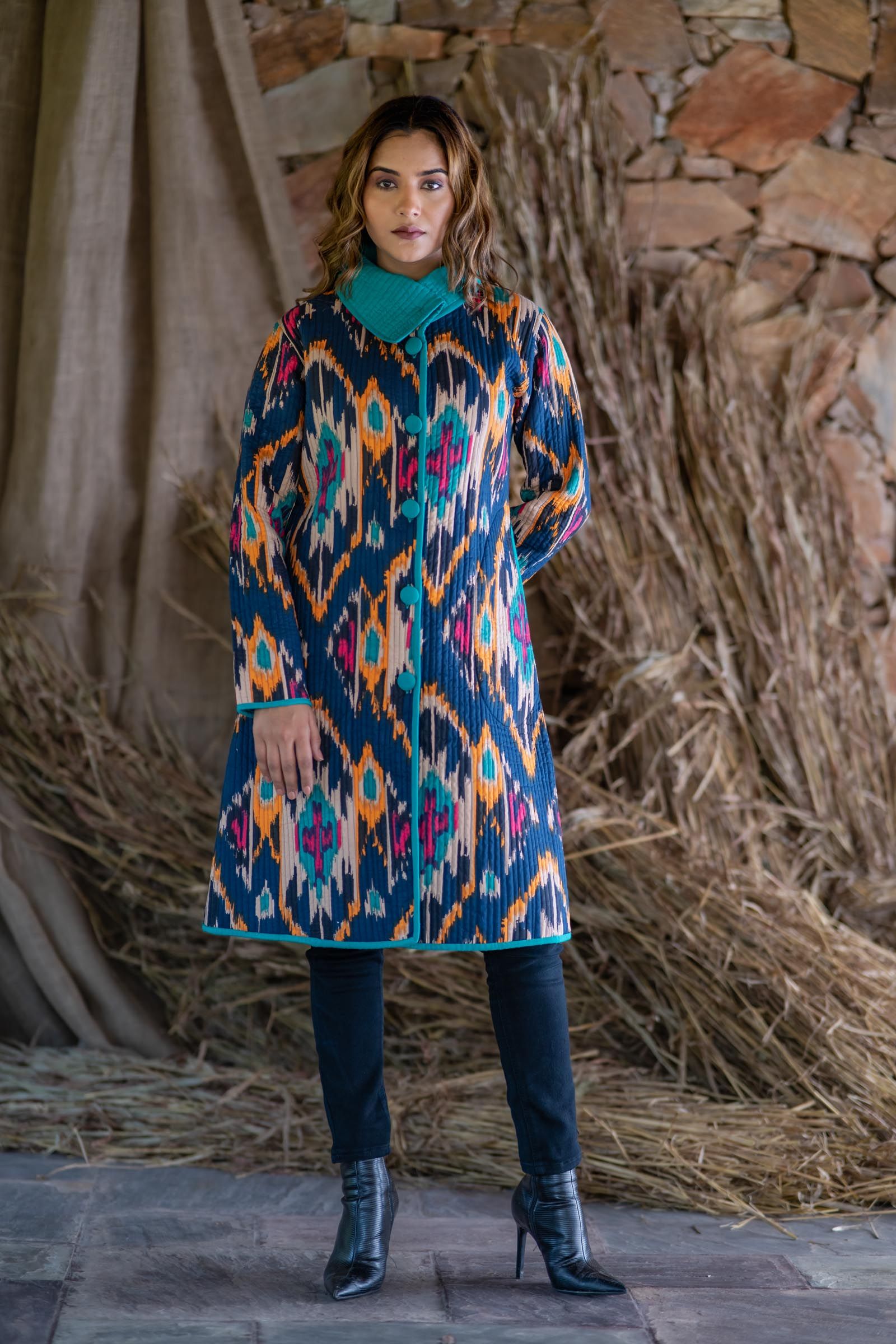 Multicolor Printed Quilted Bukhara Coat