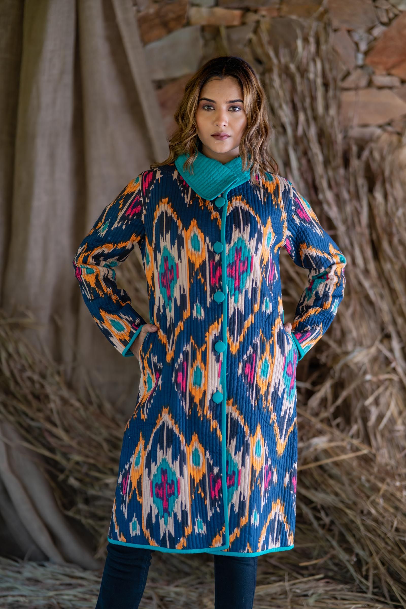 Multicolor Printed Quilted Bukhara Coat