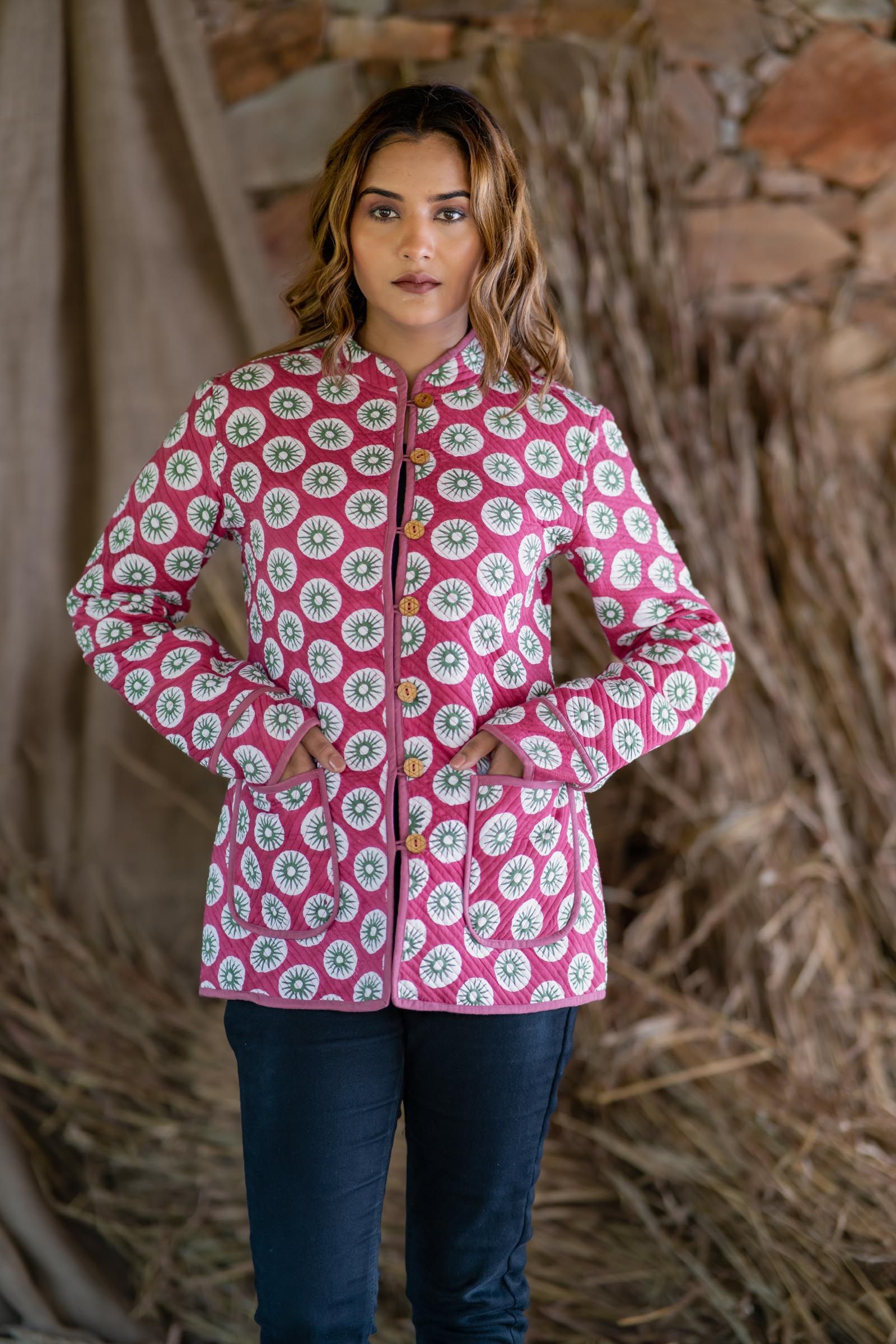 Pink Floral Reversible Quilted Reversible Jacket