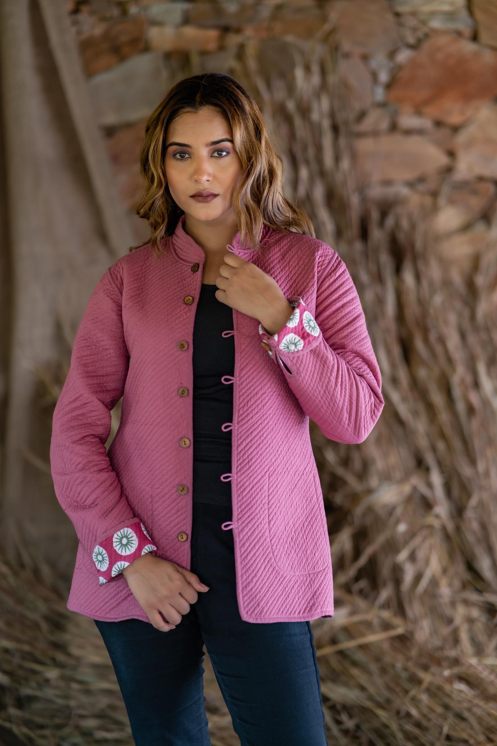 Pink Floral Reversible Quilted Reversible Jacket