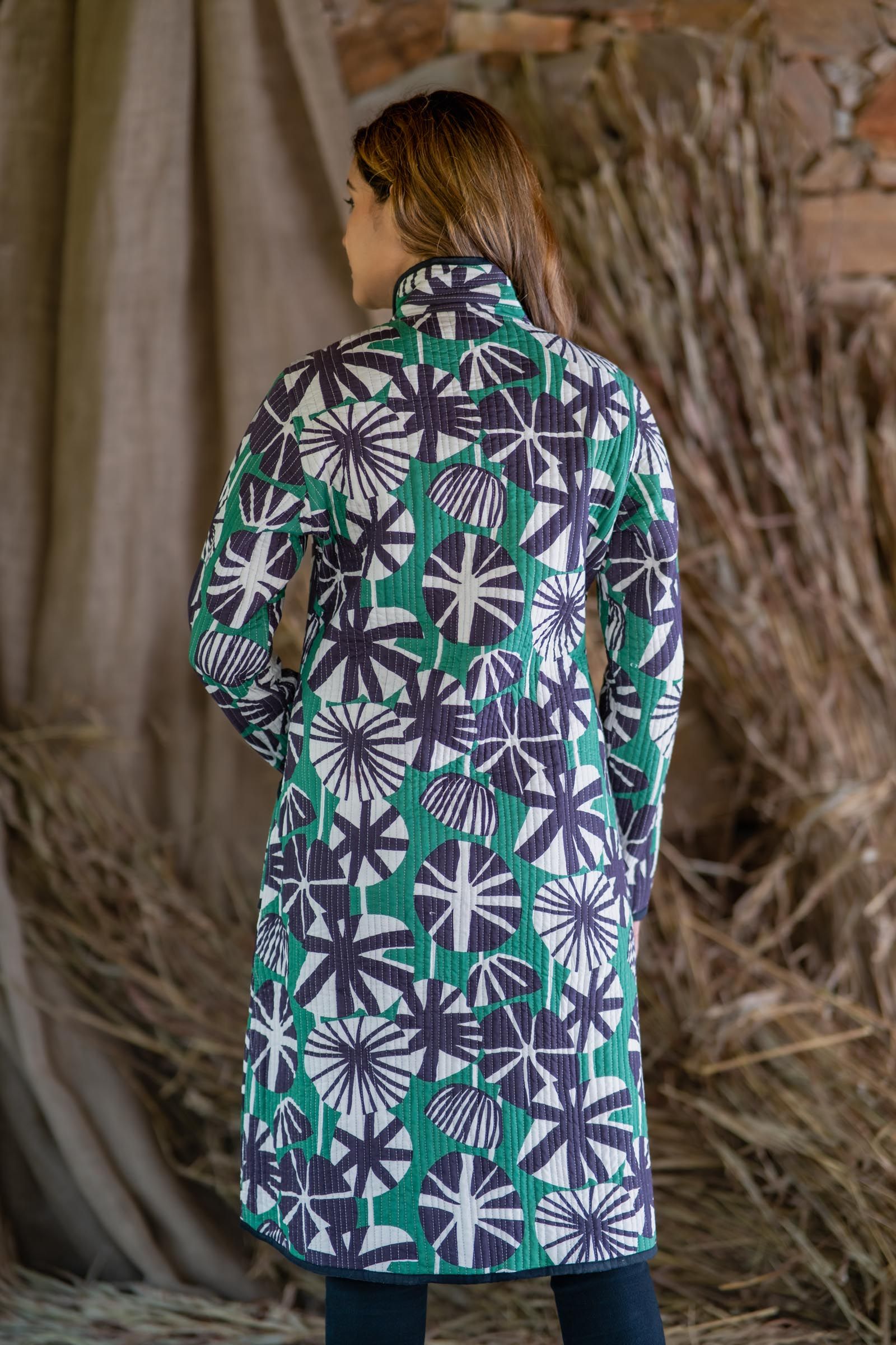 Black Green Printed Quilted Coat