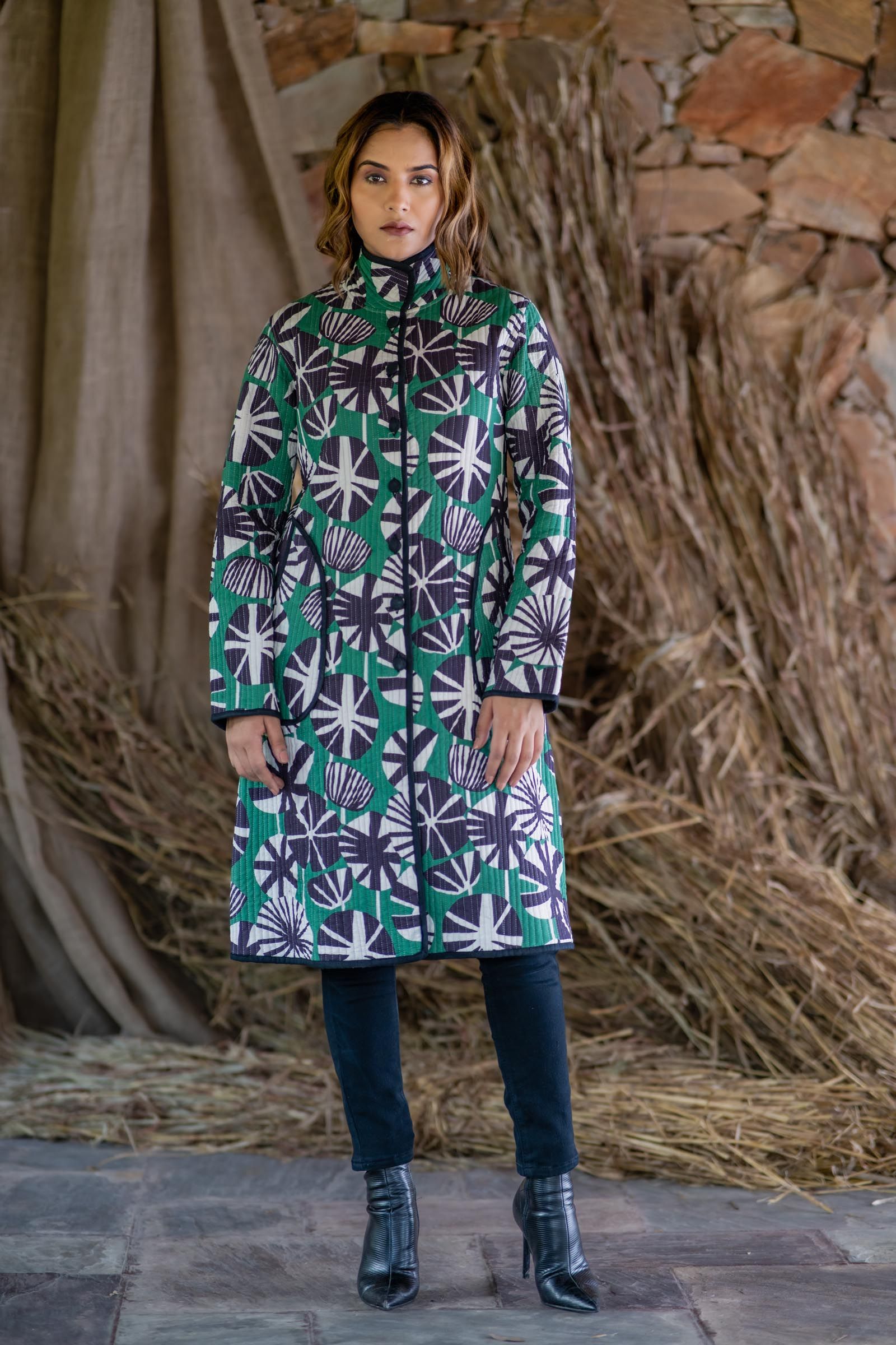 Black Green Printed Quilted Coat