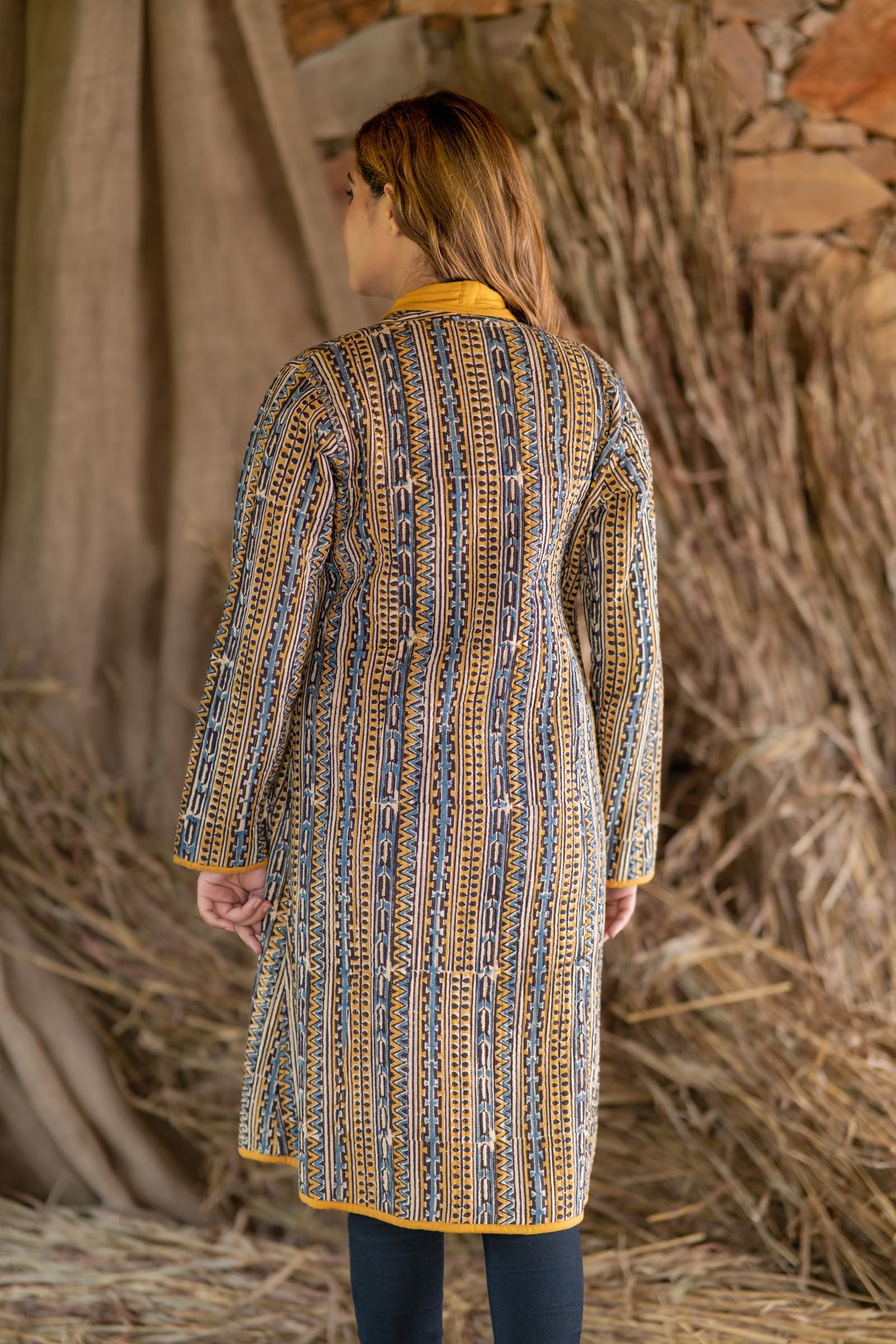 Mustard Kalamkari Block Printed Quilted Jacket