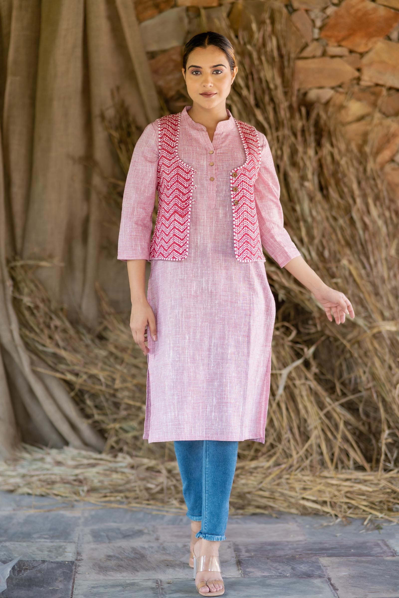 Red Block Printed Reversible Sleeveless Jacket