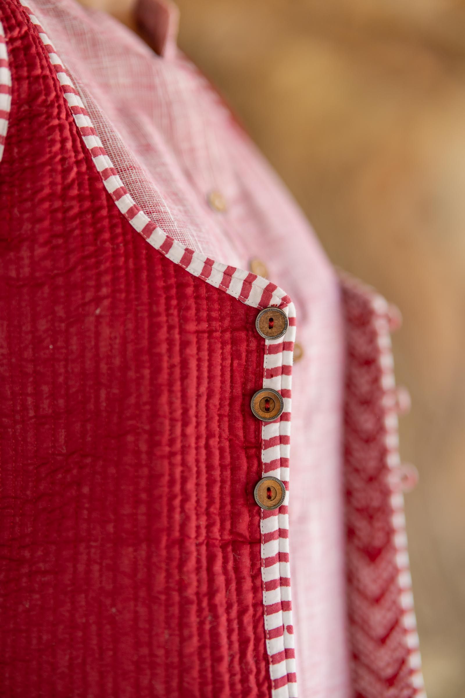 Red Block Printed Reversible Sleeveless Jacket