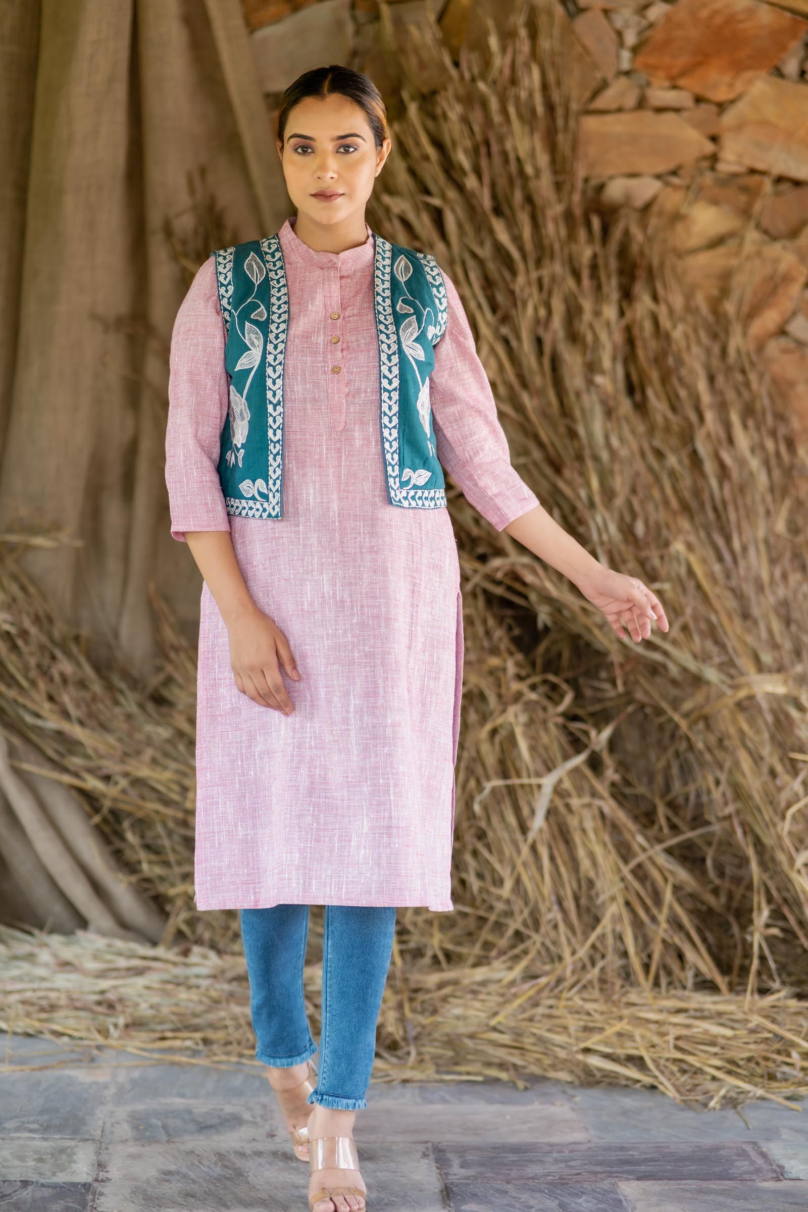 Teal Green Embroidered Sleeveless Jacket