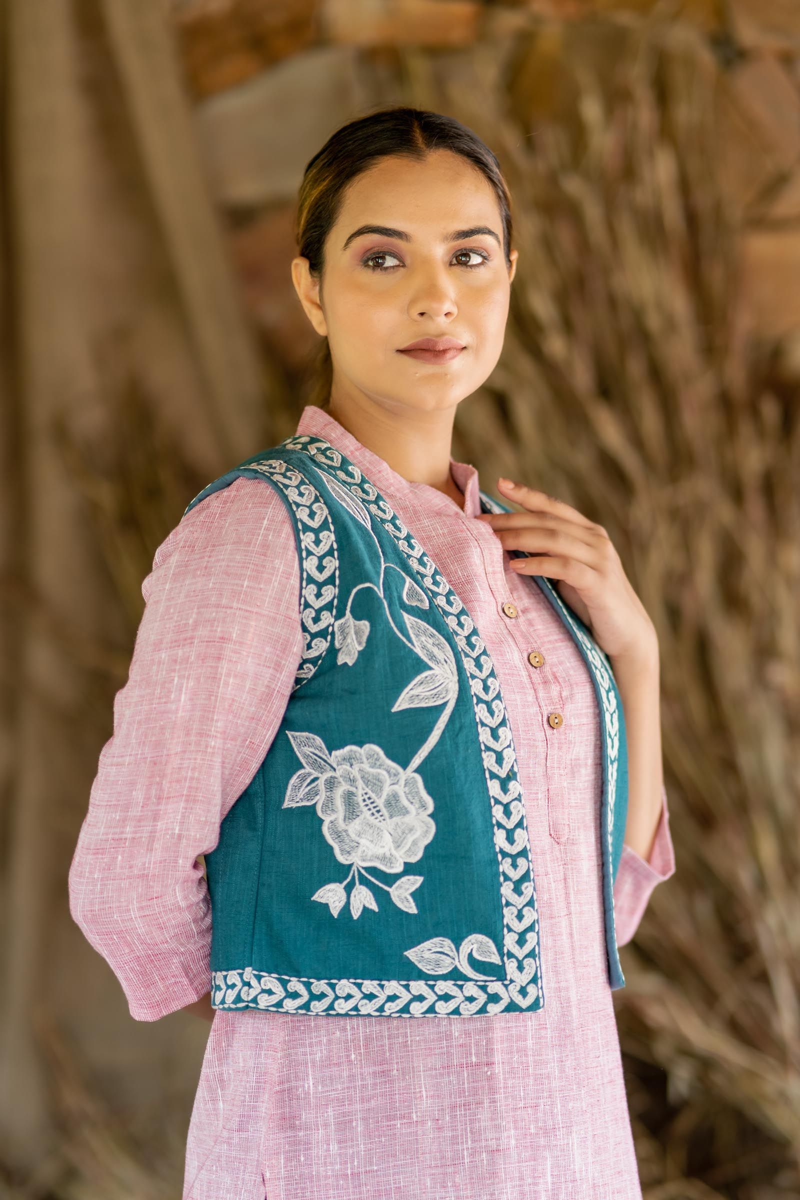 Teal Green Embroidered Sleeveless Jacket