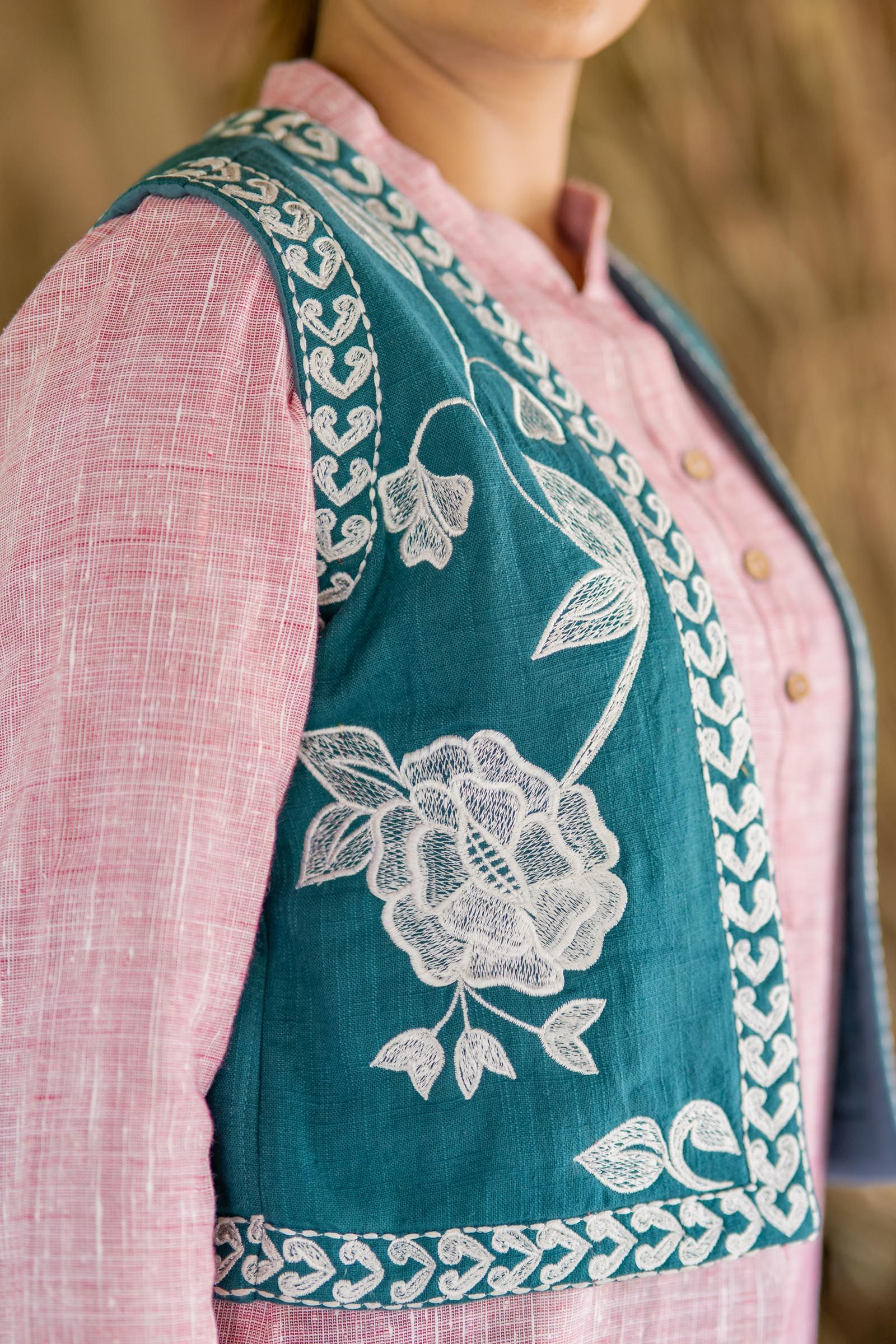 Teal Green Embroidered Sleeveless Jacket