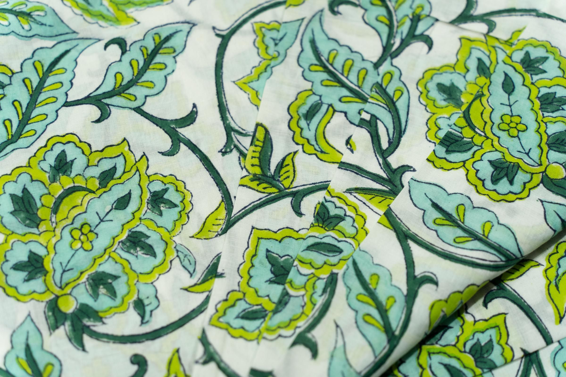 Green Floral Block Printed Fabric