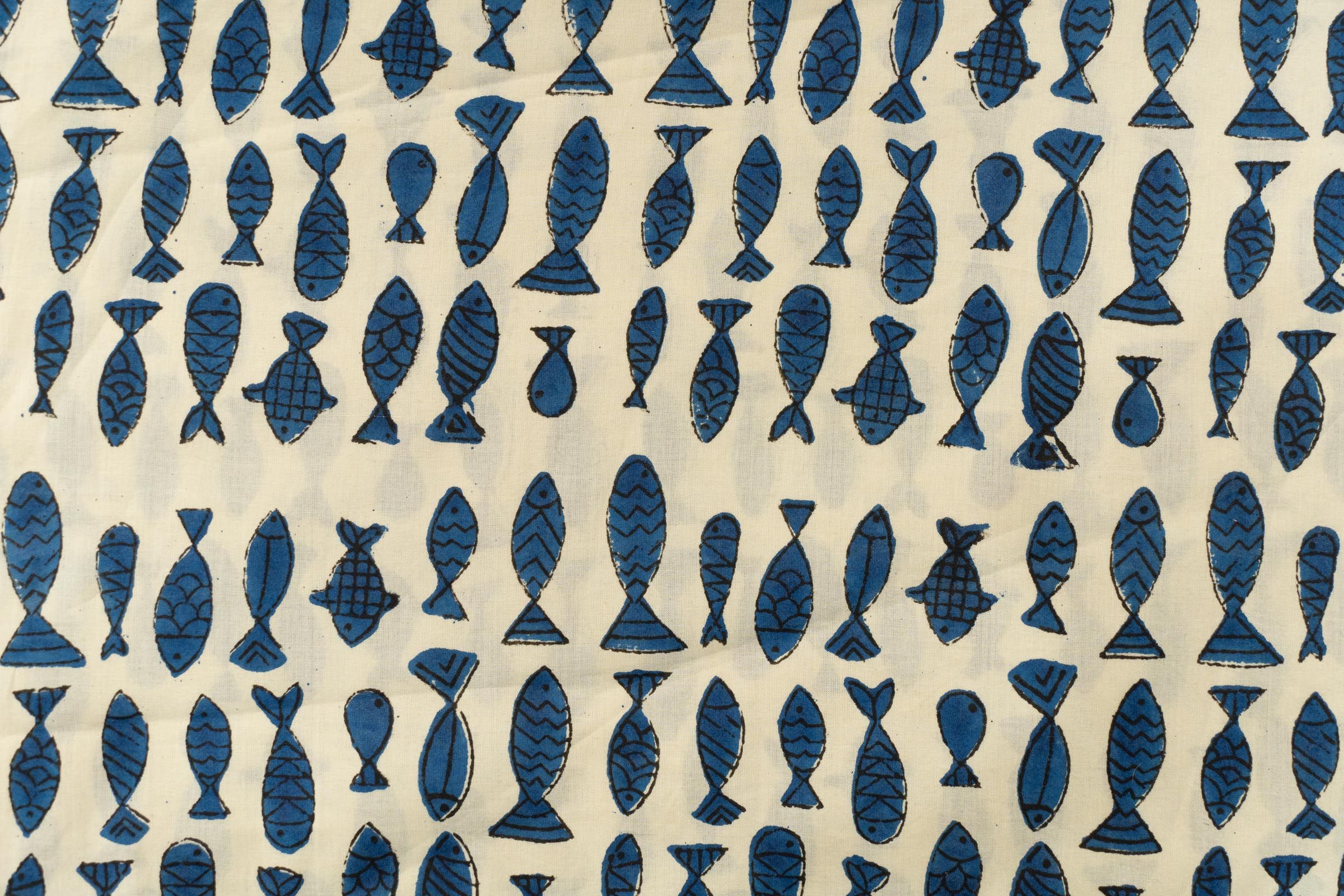 Blue Fish Block Printed Fabric