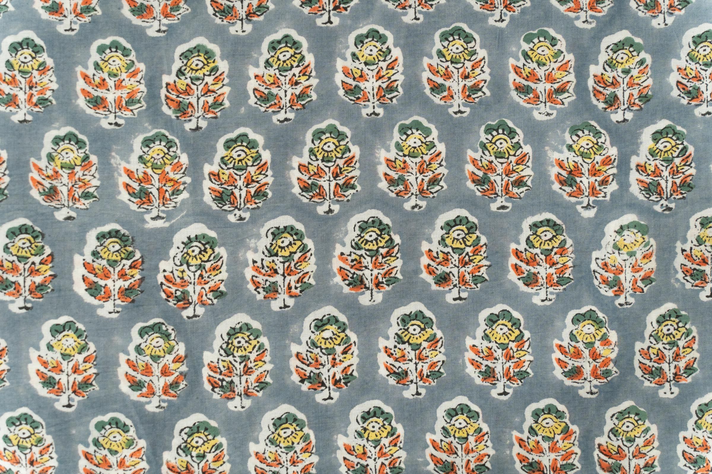 Grey Floral Hand Block Printed Fabric