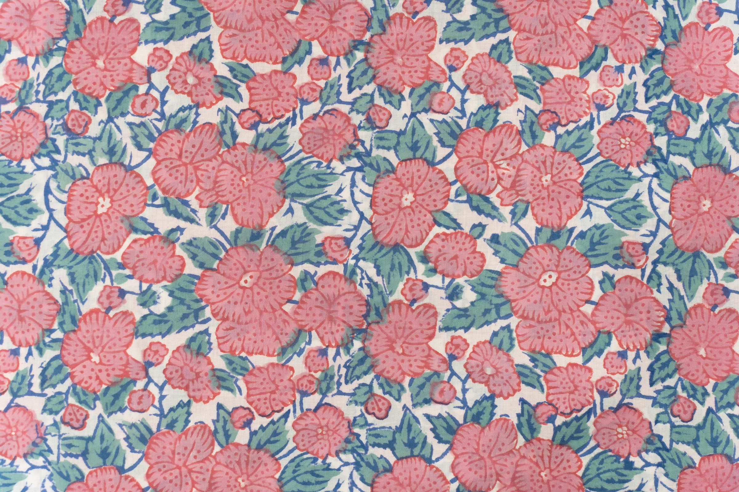 Pink Floral Hand Block Printed Fabric