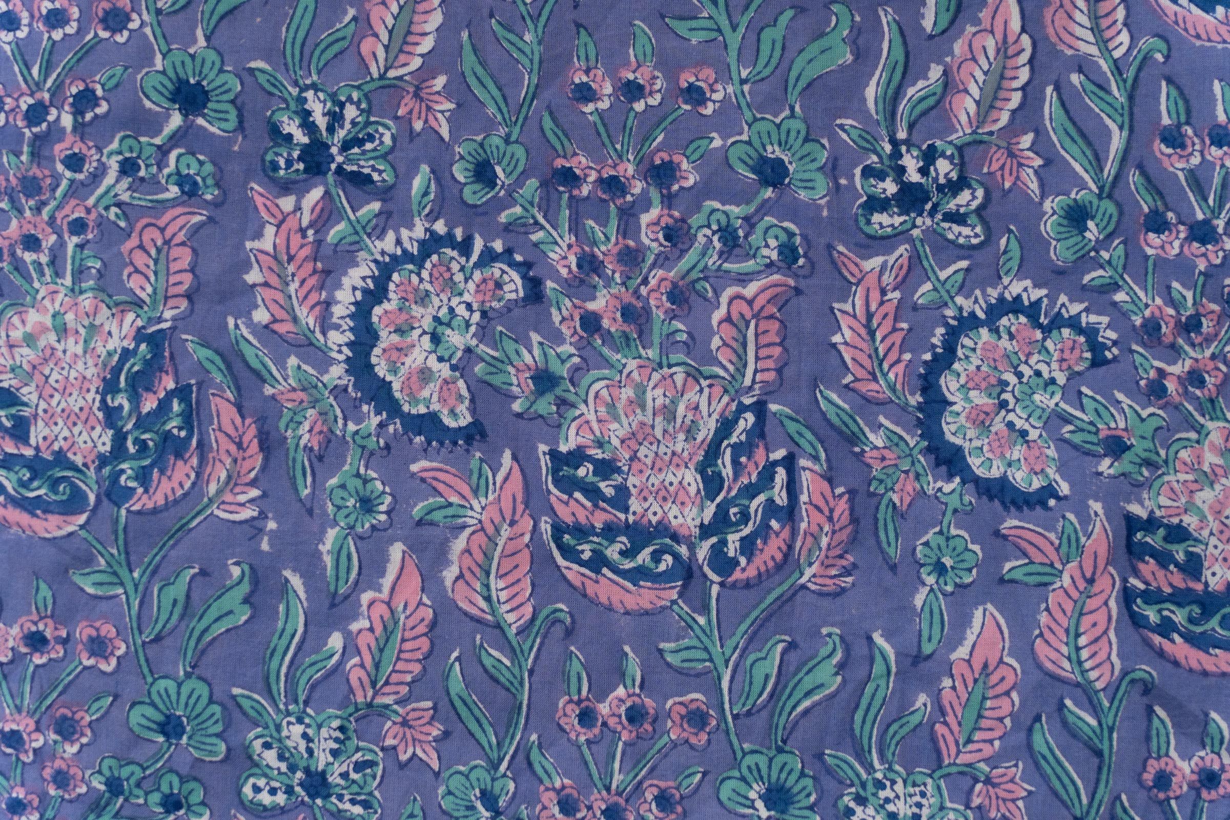 Blue Floral Hand Block Printed Fabric