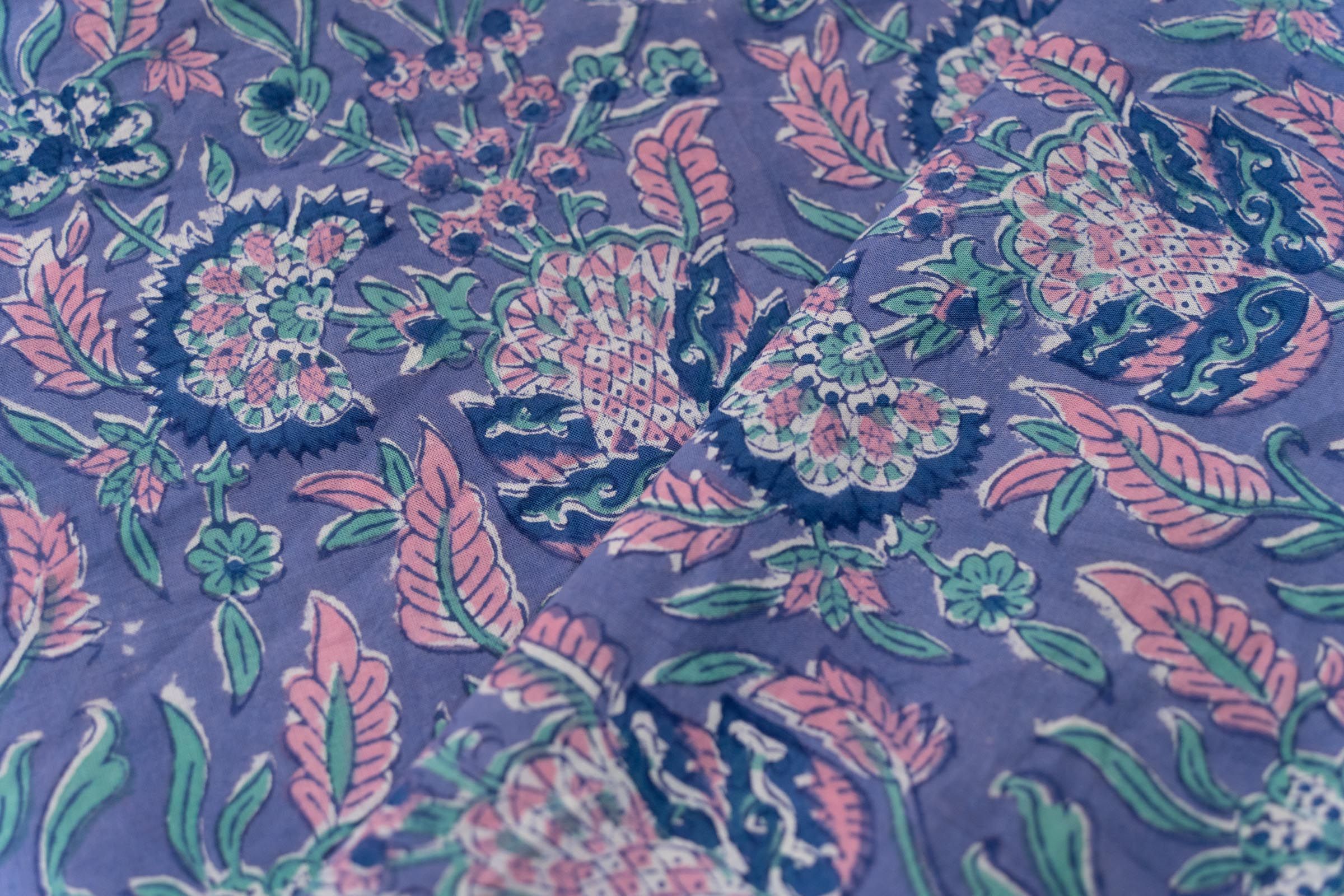 Blue Floral Hand Block Printed Fabric