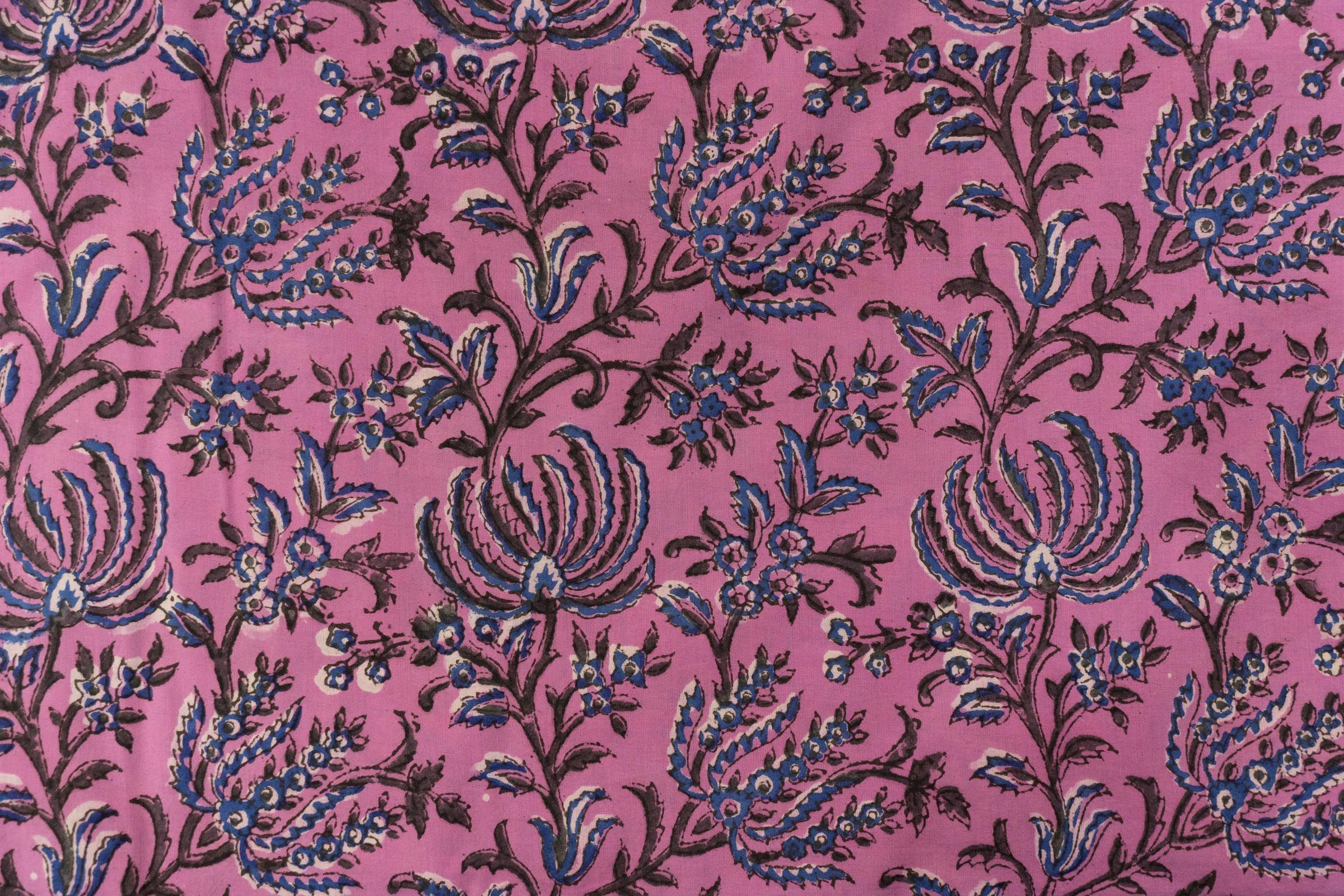 Pink Floral Hand Block Printed Fabric